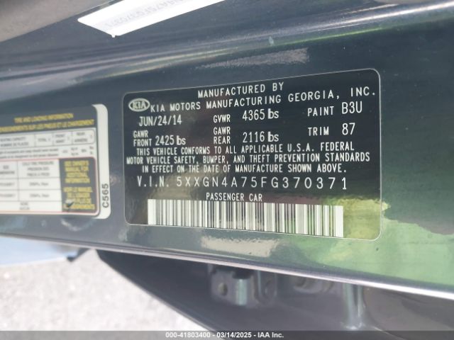 5XXGN4A75FG370371 KIA OPTIMA EX