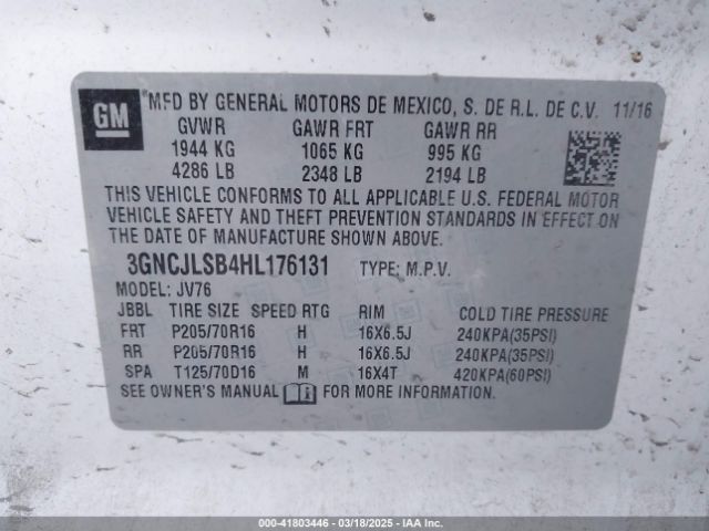 3GNCJLSB4HL176131 Chevrolet Trax Lt