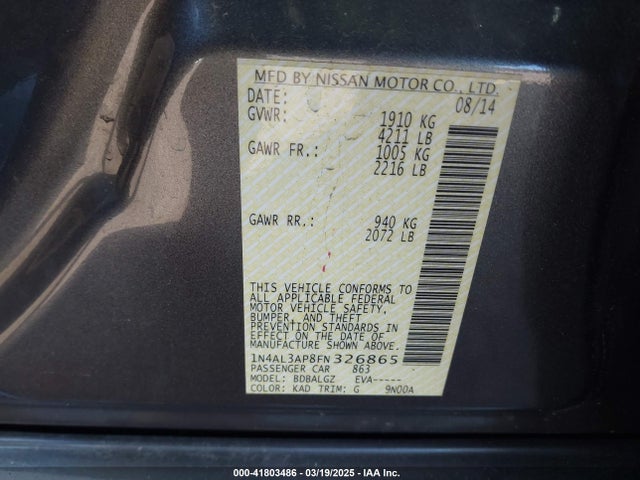 1N4AL3AP8FN326865 Nissan Altima 2.5/2.5 S/2.5 Sl/2.5 Sv