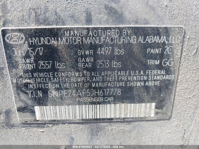 5NPE24AF5JH617778 Hyundai SONATA SE