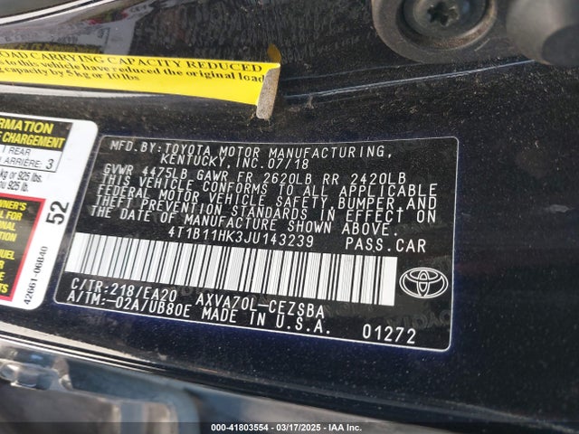 4T1B11HK3JU143239 Toyota CAMRY SE