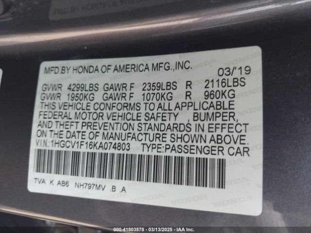 1HGCV1F16KA074803 Honda ACCORD LX