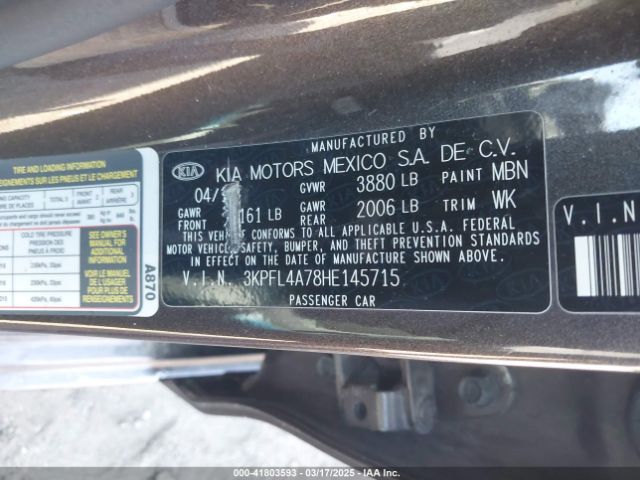 3KPFL4A78HE145715 KIA FORTE LX