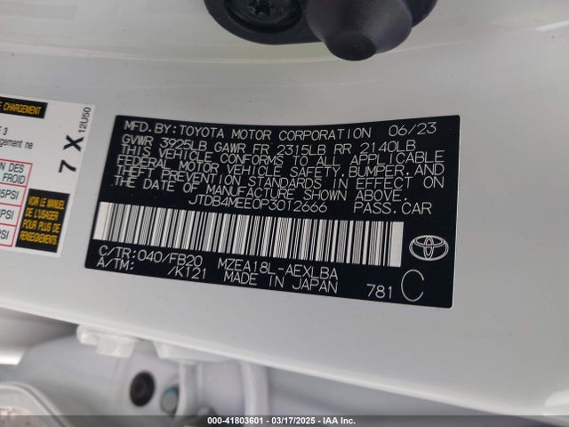 JTDB4MEE0P3012666 Toyota COROLLA LE