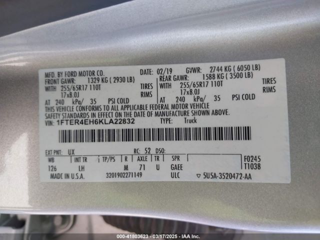1FTER4EH6KLA22832 Ford Ranger Xlt