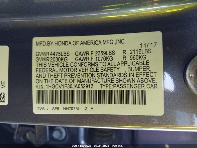 1HGCV1F30JA052912 Honda Accord Sport