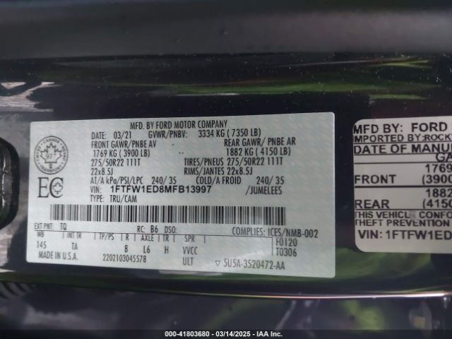 1FTFW1ED8MFB13997 Ford F-150 Limited