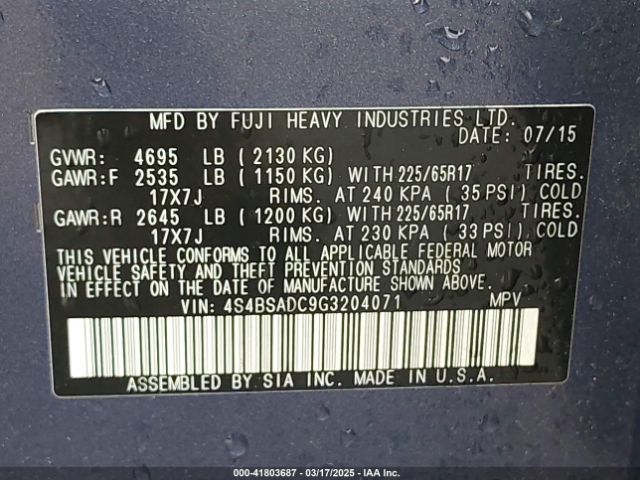 4S4BSADC9G3204071 Subaru Outback 2.5i Premium
