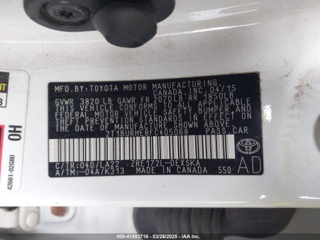 2T1BURHE8FC405068 Toyota Corolla S Premium