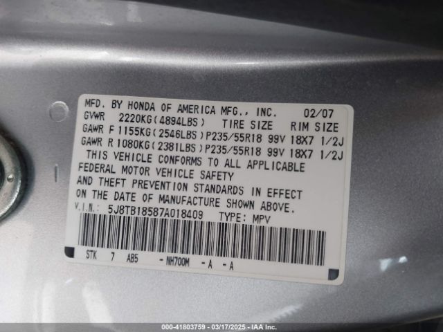2007 ACURA RDX 5J8TB18587A018409 Photo 8