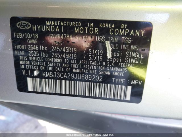 KM8J3CA29JU689202 Hyundai Tucson Value