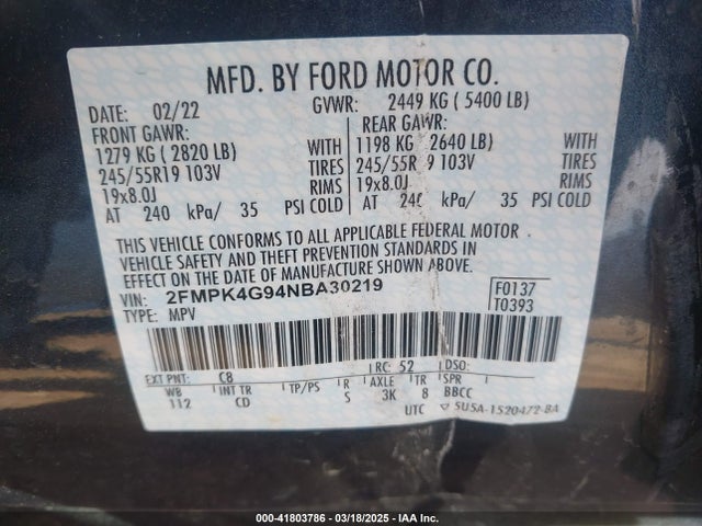 2FMPK4G94NBA30219 Ford EDGE SE