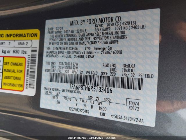 2024 FORD MUSTANG 1FA6P8TH6R5133406 Photo 8