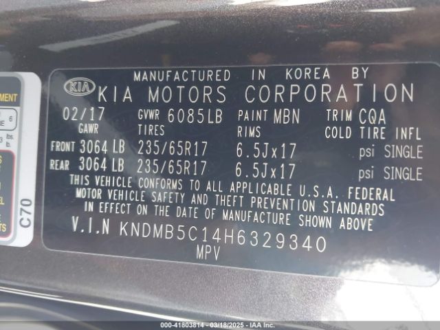 KNDMB5C14H6329340 KIA SEDONA LX