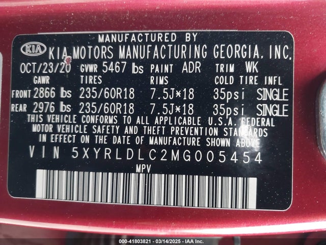 5XYRLDLC2MG005454 KIA SORENTO S