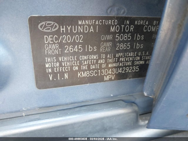 Продажа на аукционе авто 2003 Hyundai Santa Fe Gls/lx, vin: KM8SC13D43U429235, номер лота: 41803835