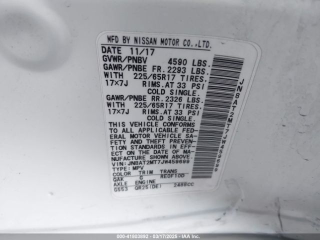 JN8AT2MT7JW459699 Nissan ROGUE S
