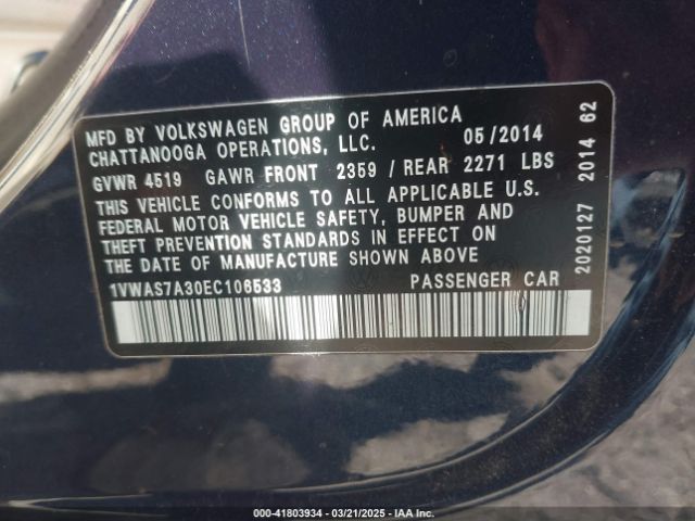 1VWAS7A30EC106533 Volkswagen Passat 1.8t Wolfsburg Edition