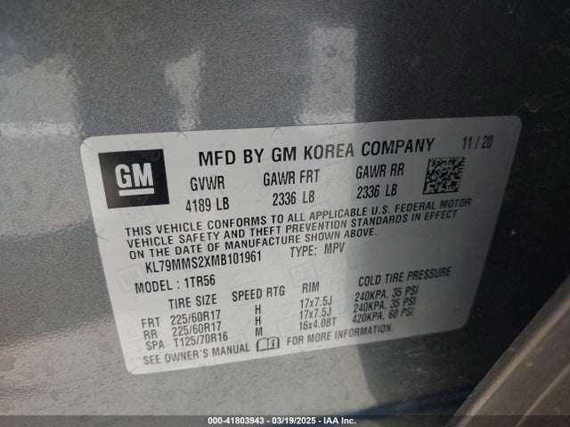 KL79MMS2XMB101961 Chevrolet Trailblazer Fwd Ls