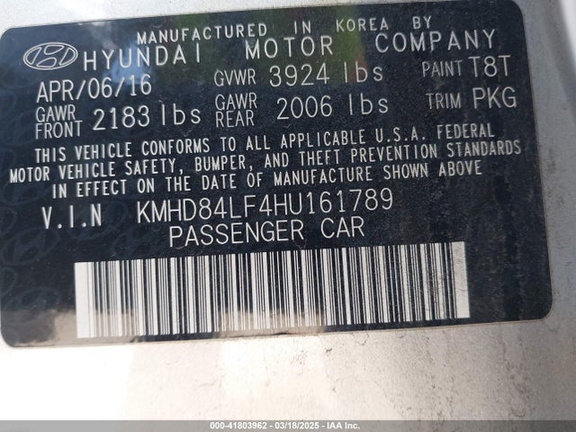 KMHD84LF4HU161789 Hyundai ELANTRA SE