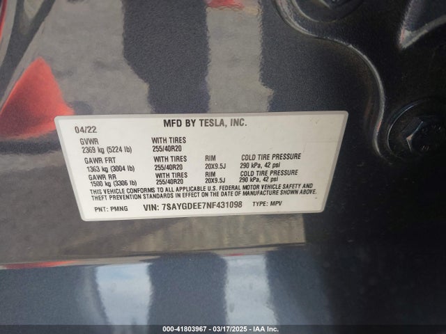 2022 TESLA MODEL Y 7SAYGDEE7NF431098 Photo 8