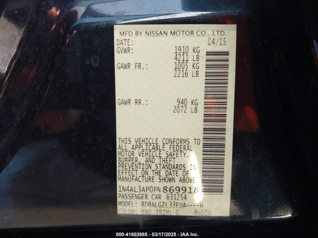 1N4AL3AP0FN869918 Nissan Altima 2.5 S