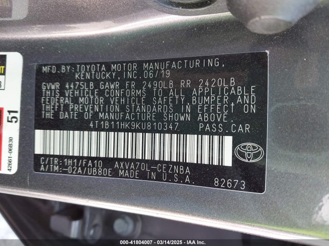 4T1B11HK9KU810347 Toyota CAMRY LE