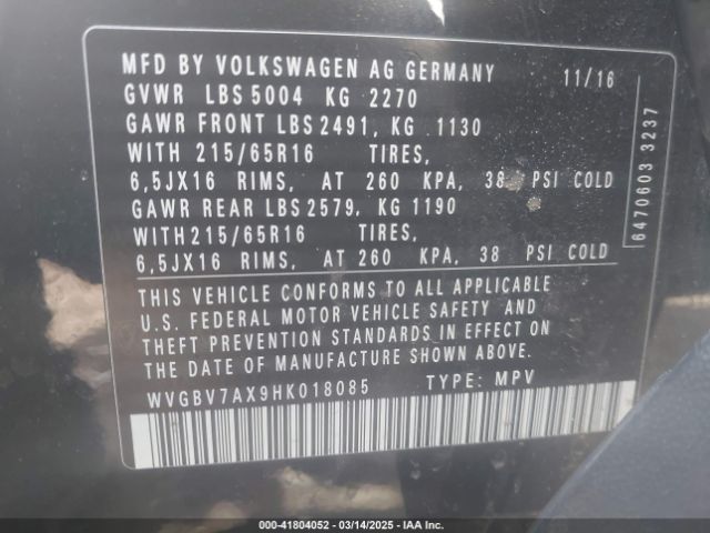 WVGBV7AX9HK018085 Volkswagen Tiguan 2.0t/2.0t S