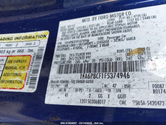 1FA6P8CF1F5374946 Ford Mustang Gt Premium