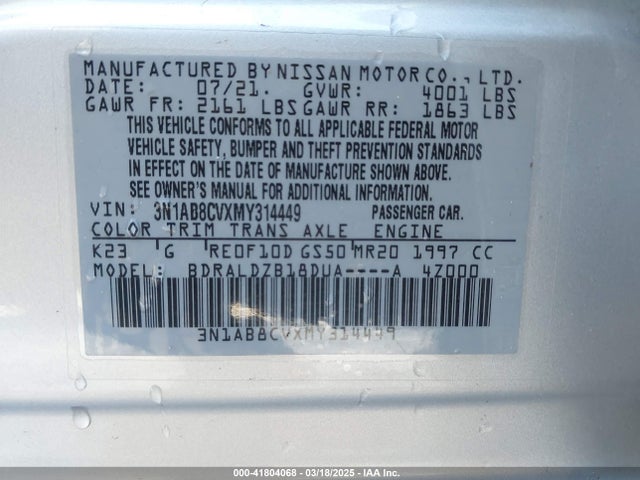 3N1AB8CVXMY314449 Nissan Sentra Sv Xtronic Cvt