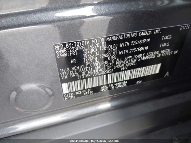 2T3T6RFV0RW055852 Toyota a25a-fxs