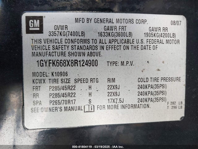 2008 CADILLAC ESCALADE ESV 1GYFK668X8R124900 Photo 8