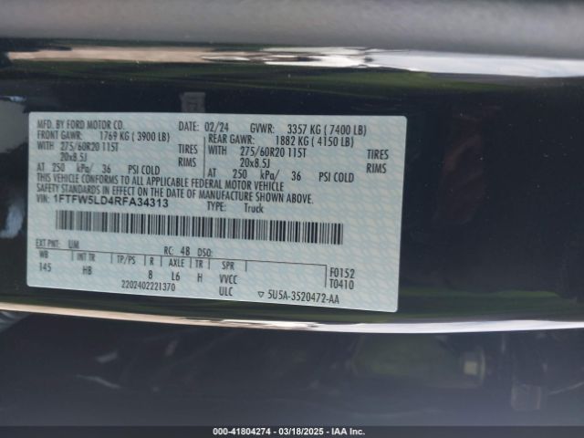 1FTFW5LD4RFA34313 Ford F-150 Lariat