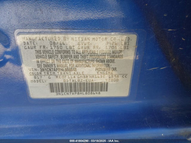3N1CN7AP8HL808648 Nissan Versa 1.6 Sv