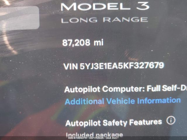 5YJ3E1EA5KF327679 Tesla Model 3 Long Range/mid Range/standard Range/standard Range Plus