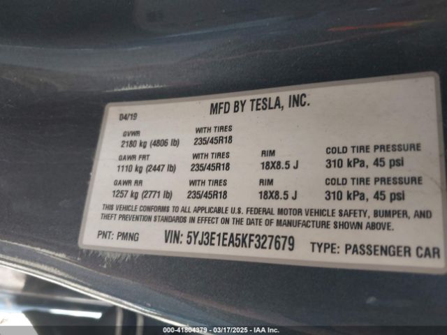 5YJ3E1EA5KF327679 Tesla Model 3 Long Range/mid Range/standard Range/standard Range Plus