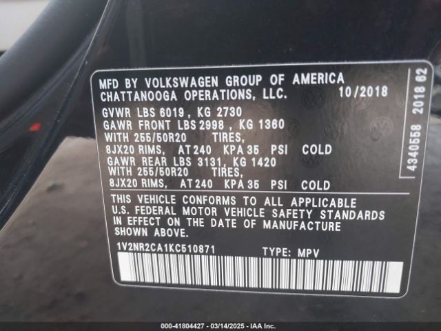1V2NR2CA1KC510871 Volkswagen Atlas 3.6l V6 Sel Premium