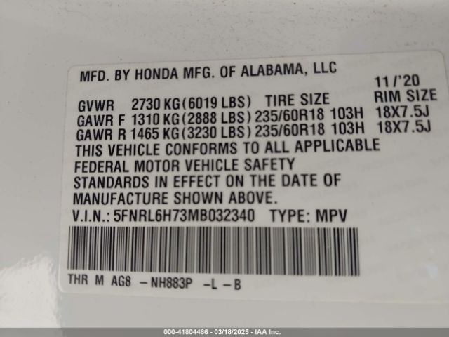 2021 HONDA ODYSSEY 5FNRL6H73MB032340 Photo 8