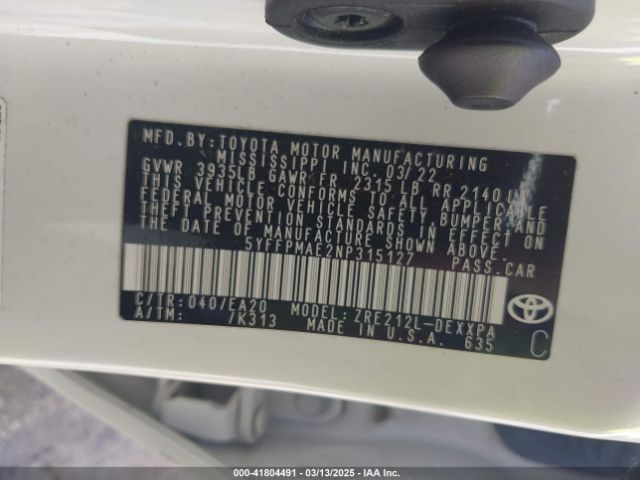 5YFFPMAE2NP315127 Toyota Corolla Xle