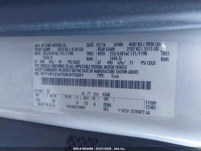 1FTYR1ZM7GKA70291 Ford Transit-250