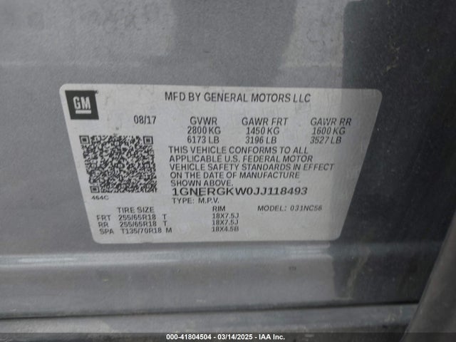 1GNERGKW0JJ118493 Chevrolet Traverse 1lt