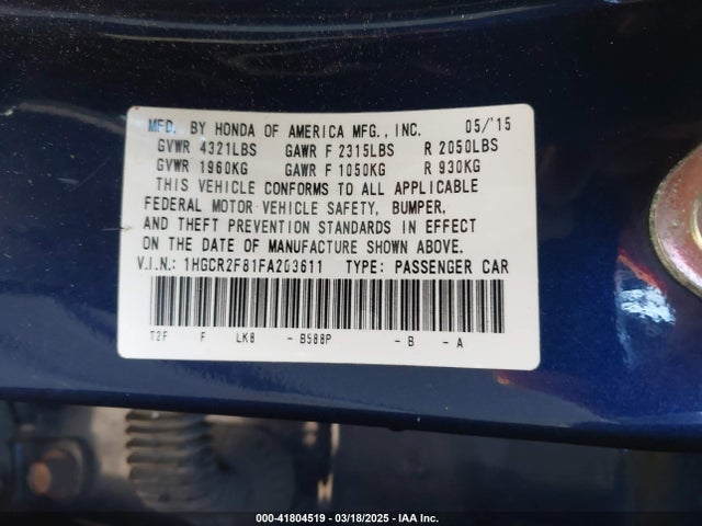 1HGCR2F81FA203611 Honda Accord Ex-l