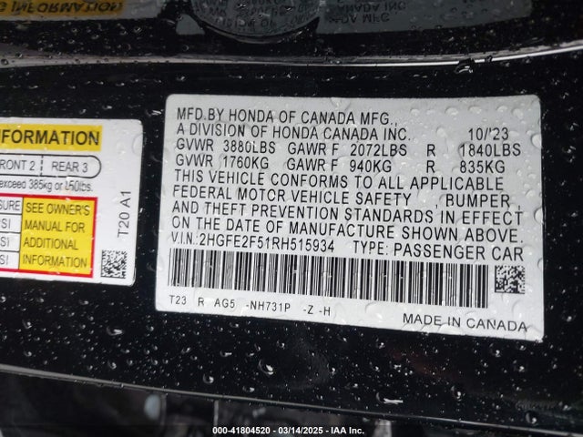 2HGFE2F51RH515934 Honda Civic Sport