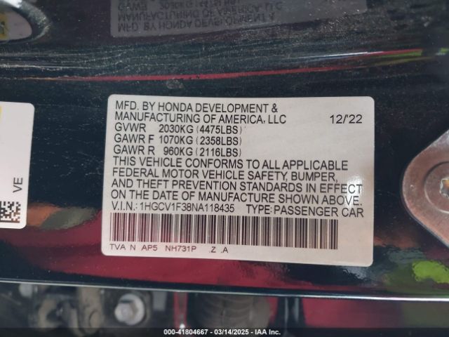 1HGCV1F38NA118435 Honda Accord Sport