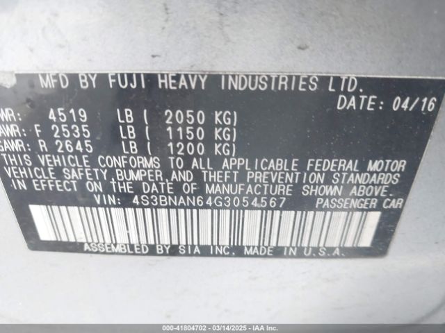 4S3BNAN64G3054567 Subaru Legacy 2.5i Limited