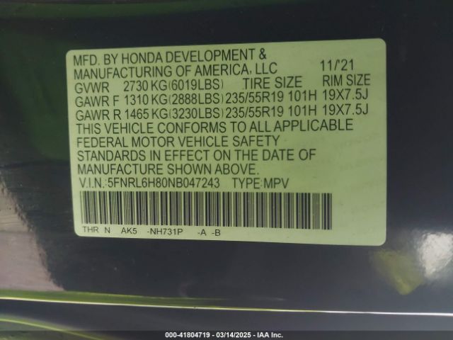 5FNRL6H80NB047243 Honda Odyssey Touring
