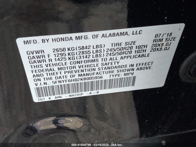 5FNYF6H02KB005956 Honda Pilot Elite