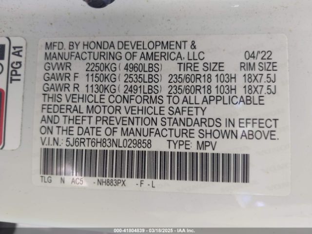 5J6RT6H83NL029858 Honda Cr-v Hybrid Ex-l