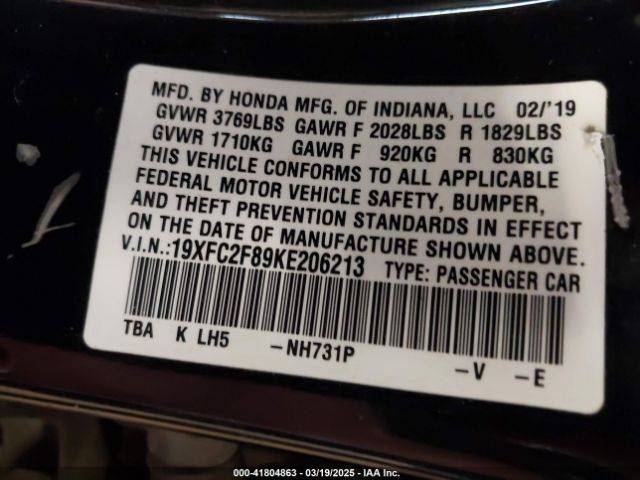 19XFC2F89KE206213 Honda Civic Sport