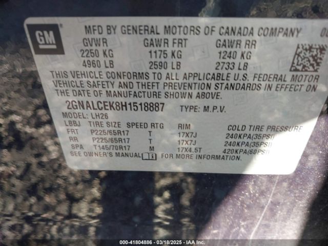 2GNALCEK8H1518887 Chevrolet EQUINOX LT